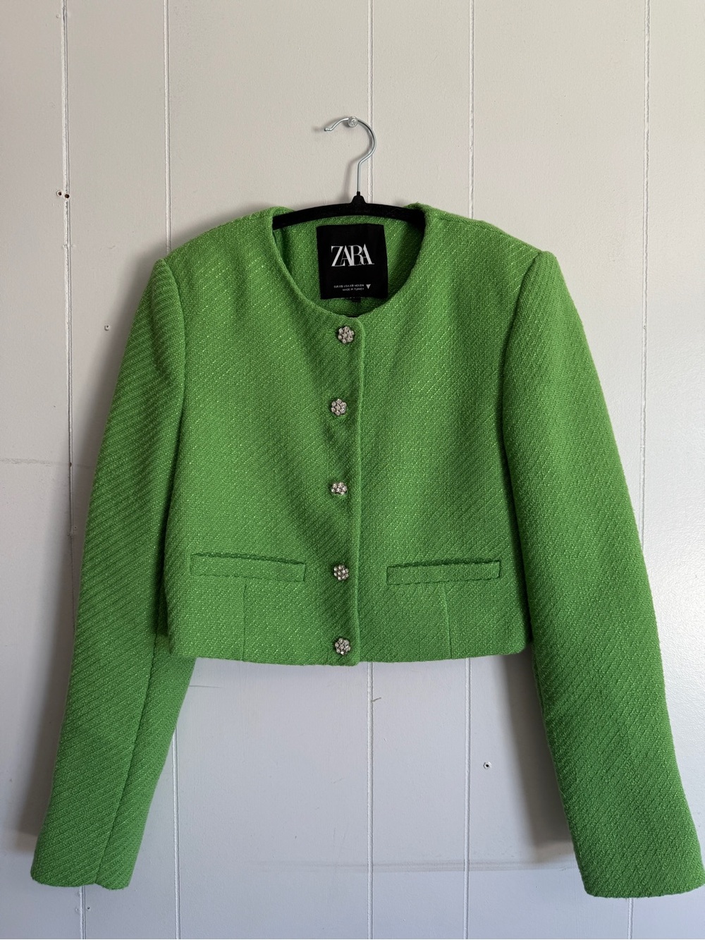 Zara Apple Green Textured Rhinestone Buttons Cropped Blazer